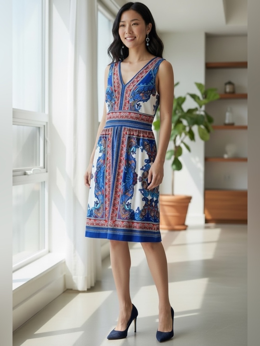 DRESS BARN Blue White Floral Sleeveless V-Neck Empire Waist Party Dress Size 12